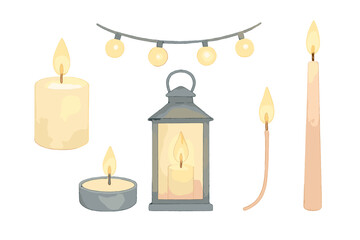 Various glowing candles, a classic lantern, and a string of decorative lights creating a warm and inviting atmosphere