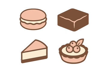 Delicious assortment of popular sweet desserts and baked goods featuring macarons, cheesecake, brownies, and fruit tart