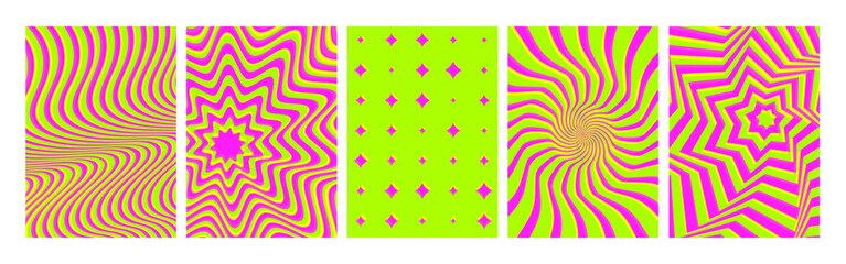 Hypnotic color retro patterns collection with psychedelic designs - neon pink and lime green swirls, starburst rays, wavy lines for posters or backgrounds. Vibrant groovy vintage artwork set.