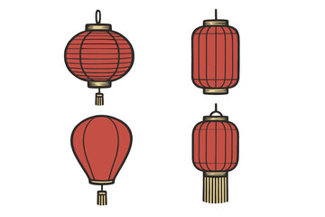 Traditional red Asian lanterns in various shapes for cultural celebrations and festive decorations