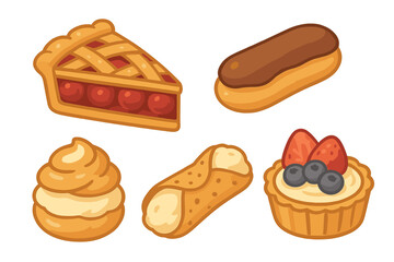 Assortment of delicious sweet pastries baked goods and confectionery desserts including fruit pie eclairs and cannoli