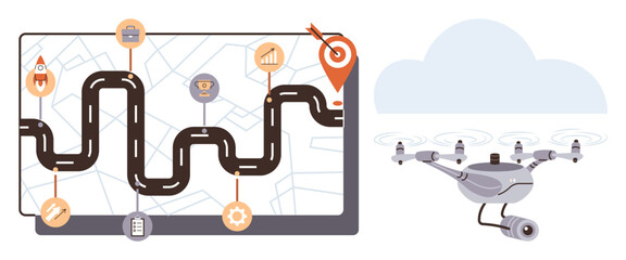 quadcopter flying beside a digital map with a winding road, icons, and a final destination marker. Ideal for logistics, delivery, navigation, innovation, mapping, technology and efficiency simple flat