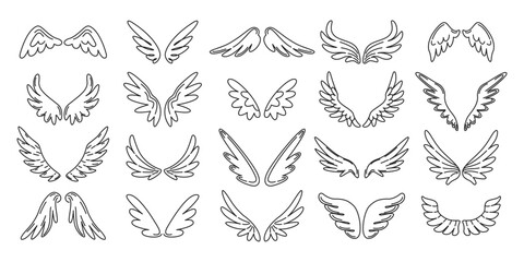 Angels Wings of different shapes, hand drawn, Doodles. Linear Wings, sketches with editable stroke. Feathers, Spirit, Heaven. Vector illustration isolated