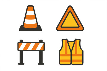 Construction site safety equipment set including traffic cone, warning sign, road barrier, and high visibility vest