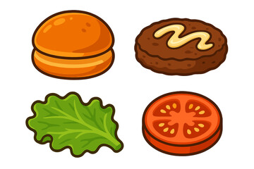 Cartoon burger ingredients set with bun, patty, lettuce, and tomato slice, isolated on a clean white background
