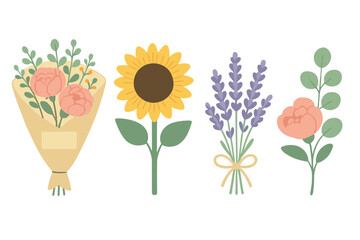 Diverse set of blooming flowers and a charming wrapped bouquet with sunflower, lavender, and delicate peonies