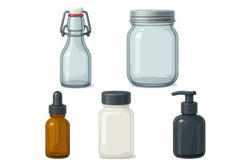 Assortment of empty glass and plastic containers including bottles, jars, and dispensers for various products and liquids