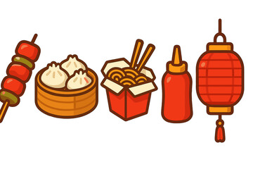 Collection of Asian cuisine elements including dim sum, noodles, skewer, sauce, and traditional red lantern