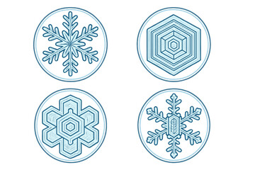 Collection of unique blue ice crystal snowflakes in various shapes and patterns for winter season design elements