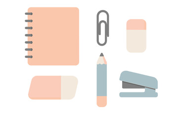 Variety of essential office and school supplies including notebook, paper clip, pencil, stapler, and erasers