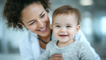 Happy baby being examined by a pediatrician as the mother holds them securely during a routine clinic visit pediatric consultation, baby wellness visit, doctor and - Powered by Adobe