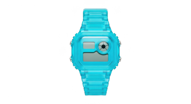 Bright cyan digital wristwatch with modern design isolated on transparent background