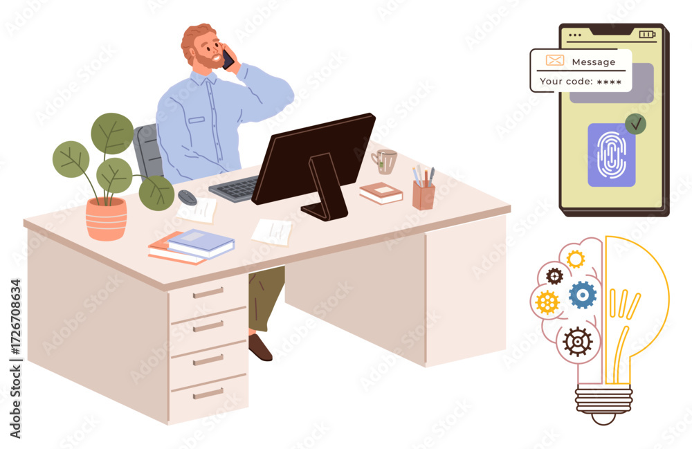 Poster professional man seated at desk using phone while computer and books sit nearby. smartphone authenti