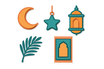 Stylized Islamic religious symbols and decorative elements for Ramadan celebration, Eid al-Fitr, and Muslim holiday designs