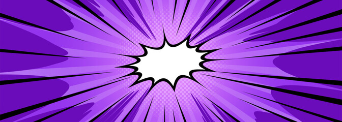 Purple comic burst with superhero cloud explosion, black outlines and radial speed lines from white center empty text box. Halftone dots for dynamic action panels or retro pop art backgrounds. © klyaksun