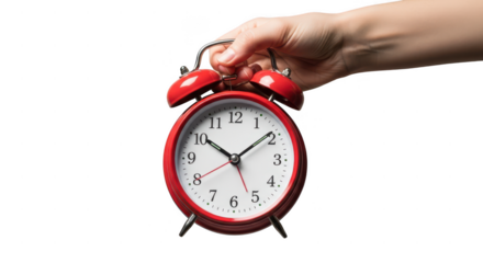 Hand holding a classic red alarm clock isolated on transparent background