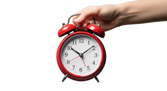 Hand holding a classic red alarm clock isolated on transparent background