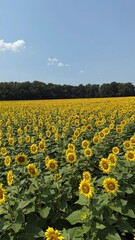 An expansive golden field of sunflowers stretching towards the horizon under a clear blue sky, creating a breathtaking natural spectacle and embodying the warmth of summer's joy