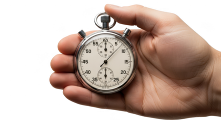 Close up of a vintage pocket watch held in a human hand isolated on transparent background