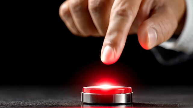 A hand approaches and presses a glowing red button, triggering a bright light in a dark environment, adding tension to the moment