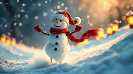 Smiling snowman with a red scarf and hat standing in the snow with lanterns behind him christmas snowman video - Powered by Adobe