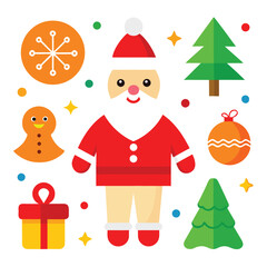 Vector art of cute flat design illustration of santa claus with christmas tree, gingerbread man, gift box, and ornaments