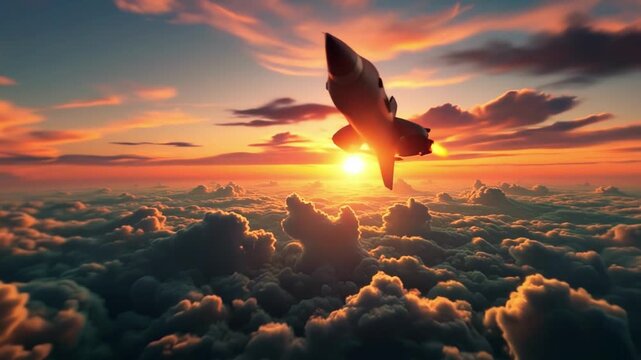 A missile with a nuclear warhead flies above the Earth, invincible force and danger