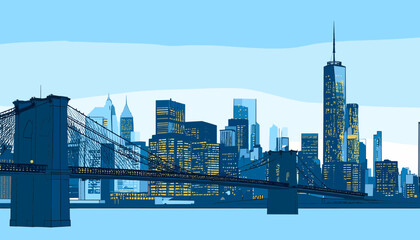 Naklejka premium New York skyline at night with Brooklyn Bridge