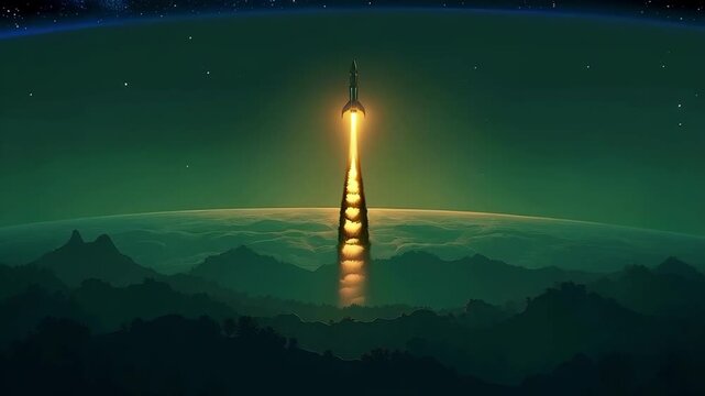 A missile with a nuclear warhead flies above the Earth, invincible force and danger
