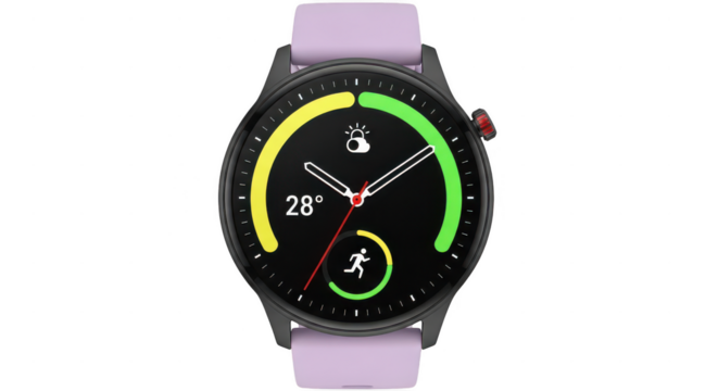 Modern smartwatch with pink band displaying fitness data isolated on transparent background