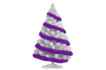 White christmas tree with purple tinsel garland