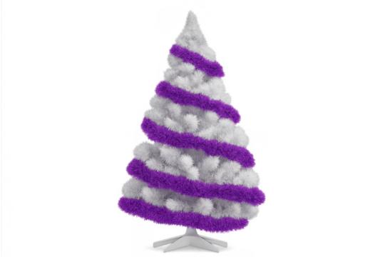 White christmas tree with purple tinsel garland