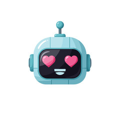 Illustration of a light blue robot head with heart shaped eyes and a small antenna on top