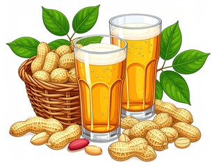 Two glasses of beer with peanuts in a basket