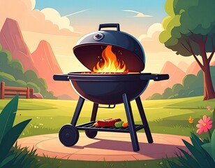 Open charcoal grill, food cooking outdoors