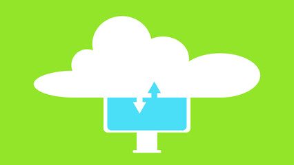 A simple graphic of a computer downloading and uploading information from and to a cloud with arrows