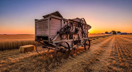 Vintage farm thresher machine in golden wheat field at sunset