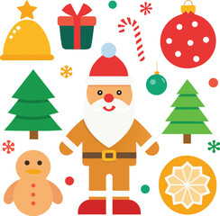 Fototapeta premium Vector art of charming flat design illustration featuring santa claus, a gingerbread man, christmas trees, a gift box, candy cane, and festive ornaments