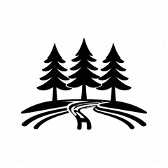 Black silhouette of three pine trees, a winding path, and gently sloping hills