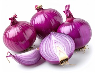 Three whole and sliced vibrant purple onions on white background