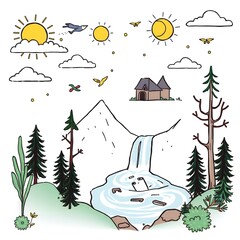 Naklejka premium Whimsical illustration of a mountain landscape with a waterfall trees a house and sky elements
