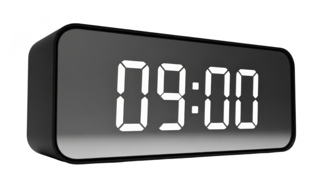 Modern digital alarm clock displaying 0900 isolated on transparent background