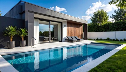 Modern house with a sparkling blue swimming pool and a lush green garden under a bright sky.