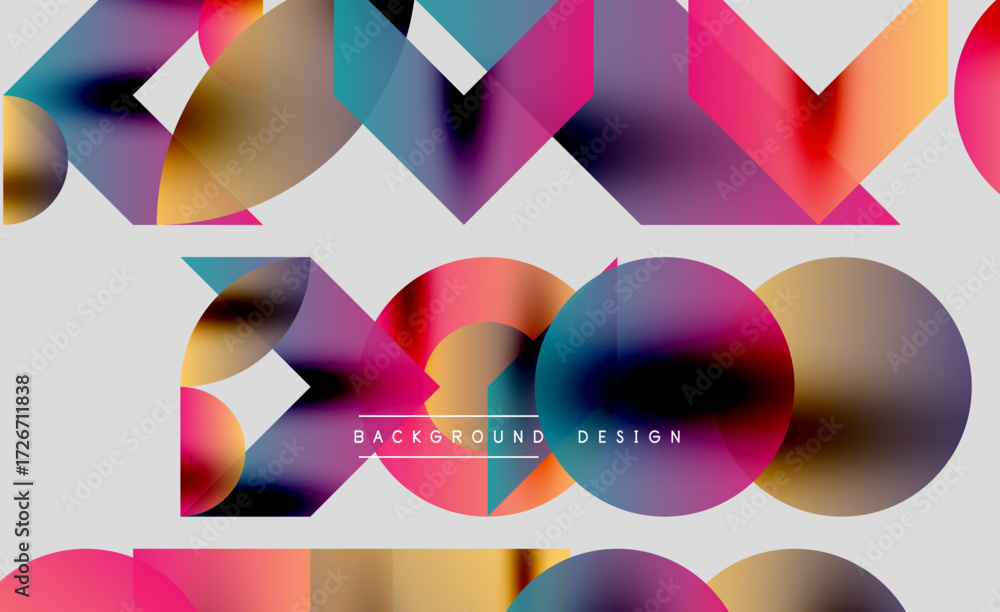 Poster abstract geometric shapes overlap, creating vibrant colorful background. modern design features grad