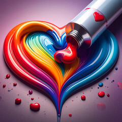 Colorful heart shape created with glossy paint from tube, vibrant rainbow hues blend smoothly, artistic and creative concept, joyful and expressive mood