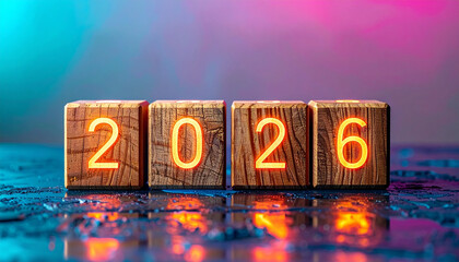 2026 glowing wooden cubes futuristic flat lay, illuminated numbers on wet reflective surface, vibrant blue and pink background, creative new year concept