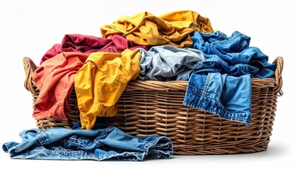 Overflowing wicker laundry basket full of colorful clothes