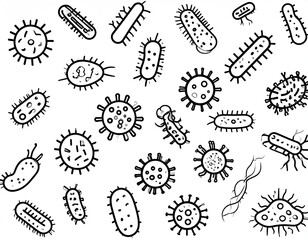 Black and white sketch of various bacteria types