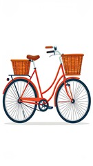 Retro orange bicycle with wicker baskets