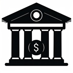 Black silhouette of a stylized bank building with columns, pediment, and dollar symbol